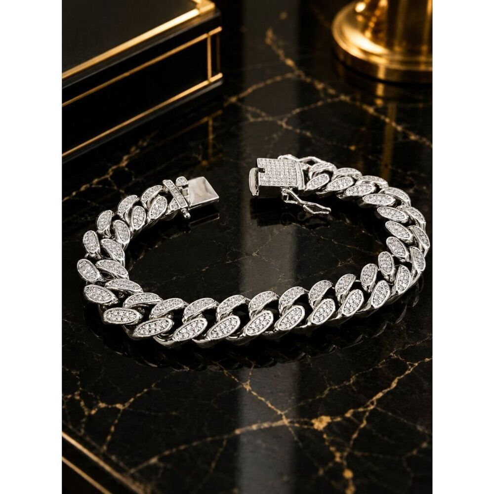 Silver Lab Diamond Cuban Link Bracelet - Picture 2 of 2